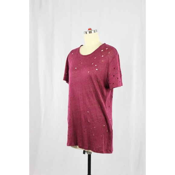 IRO Clay Burgundy 100% Linen Jersey Distressed Holes Crew Neck T-Shirt, Size S - Picture 7 of 13